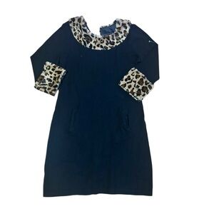 Tyler Boe Chelsey fur leopard print collar cashmere blend dress Size Large Black